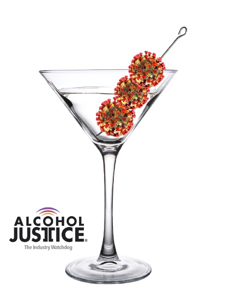 a martini glass with covid molecules instead of olives on the toothpick