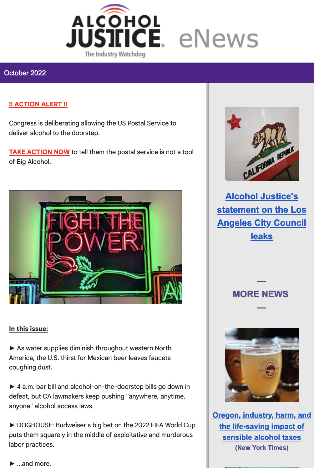 The cover of the October 2022 eNews featuring the table of contents of the issue and a photo of a red neon rose 