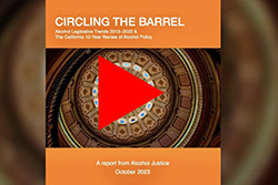 The orange-and-white cover of our report on CA legislative trends, featuring a photograph looking up at the CA capitol dome