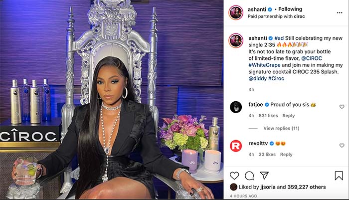 a screencap of an Ashanti instagram post where she praises Ciroc